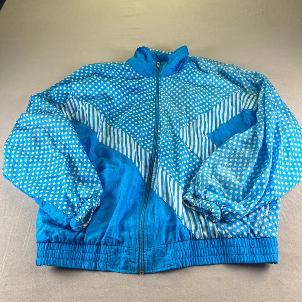 Vintage Blue Polka Dot Striped Track Suit Set Womens Medium Windbreaker Pants